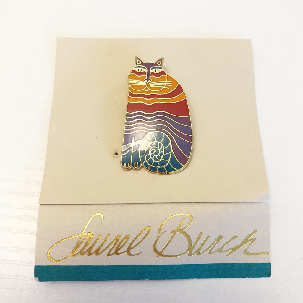 Vintage Laurel Burch 1986 Rainbow Cat Enamel Cat Brooch Pin On Card 29$